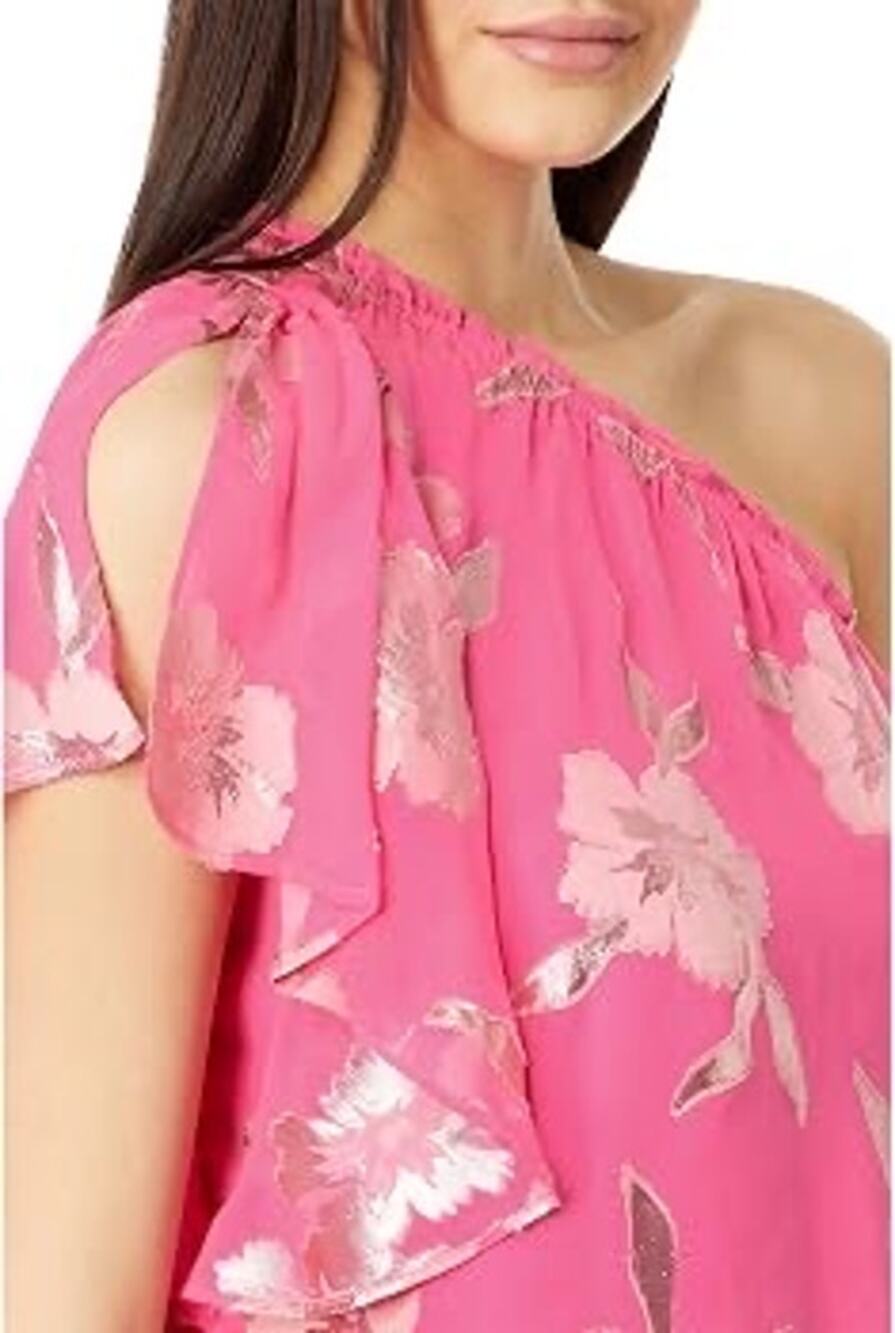 Lilly Pulitzer Sarahleigh Silk Blend One Shoulder Top Pink Gold Ruffle EUC Small